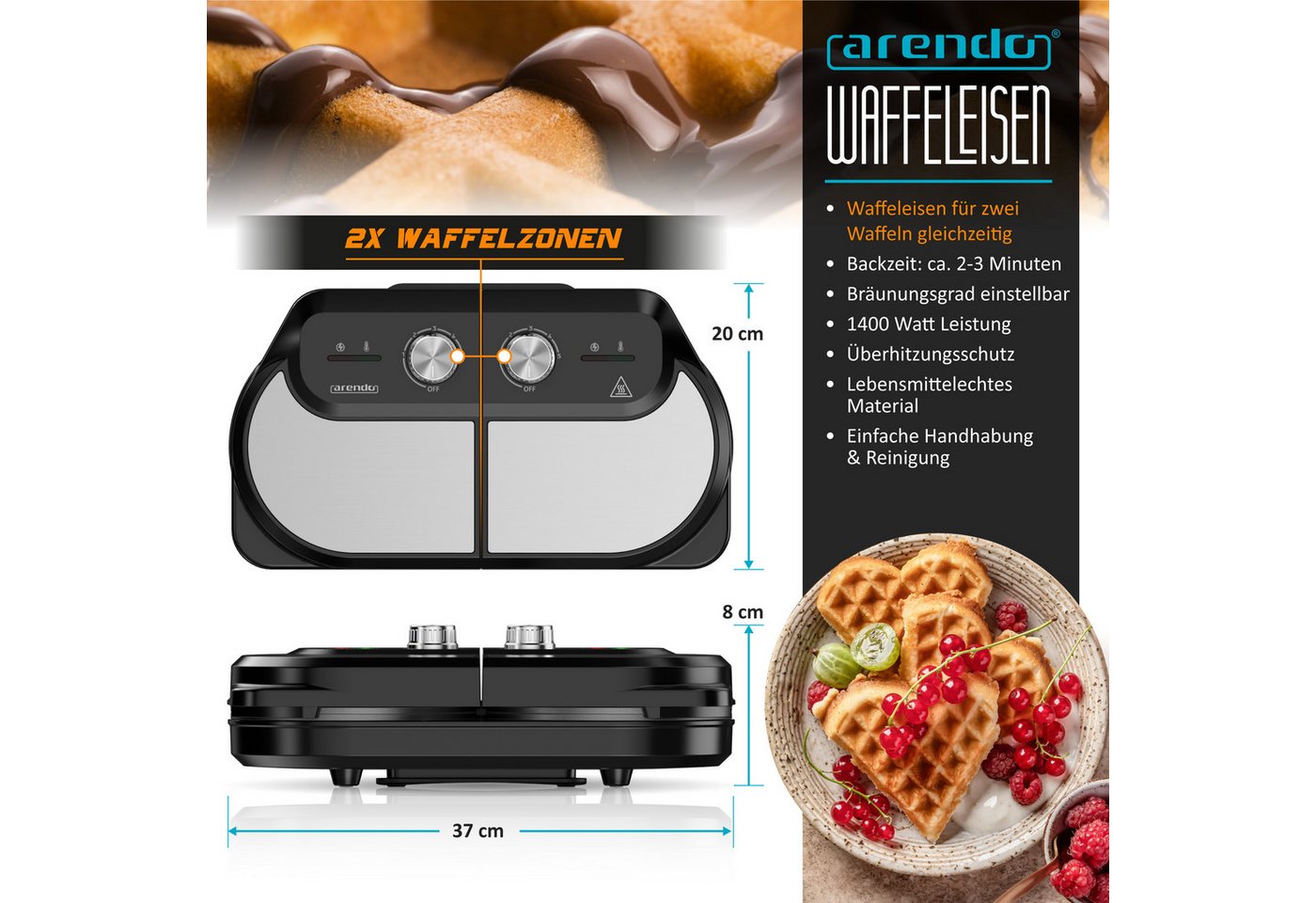 Arendo Waffeleisen Waffeleisen doppelt für 2 Herzwaffeln, 1400 W, Temperaturregler, 1400 W, 2 Zonen, Antihaftbeschichtung, Edelstahl, silber/schwarz, BPA-frei Bild 5