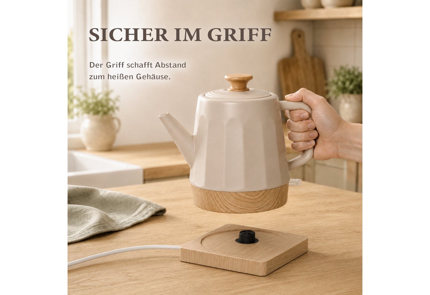 KVOTA Wasserkocher Harmonie, Keramik, 1,2 l, 1200 W, 360°-Basis, White Oak, Beige, 1.2 l, 1200 W, Keramikgehäuse, verdecktes Heizelement