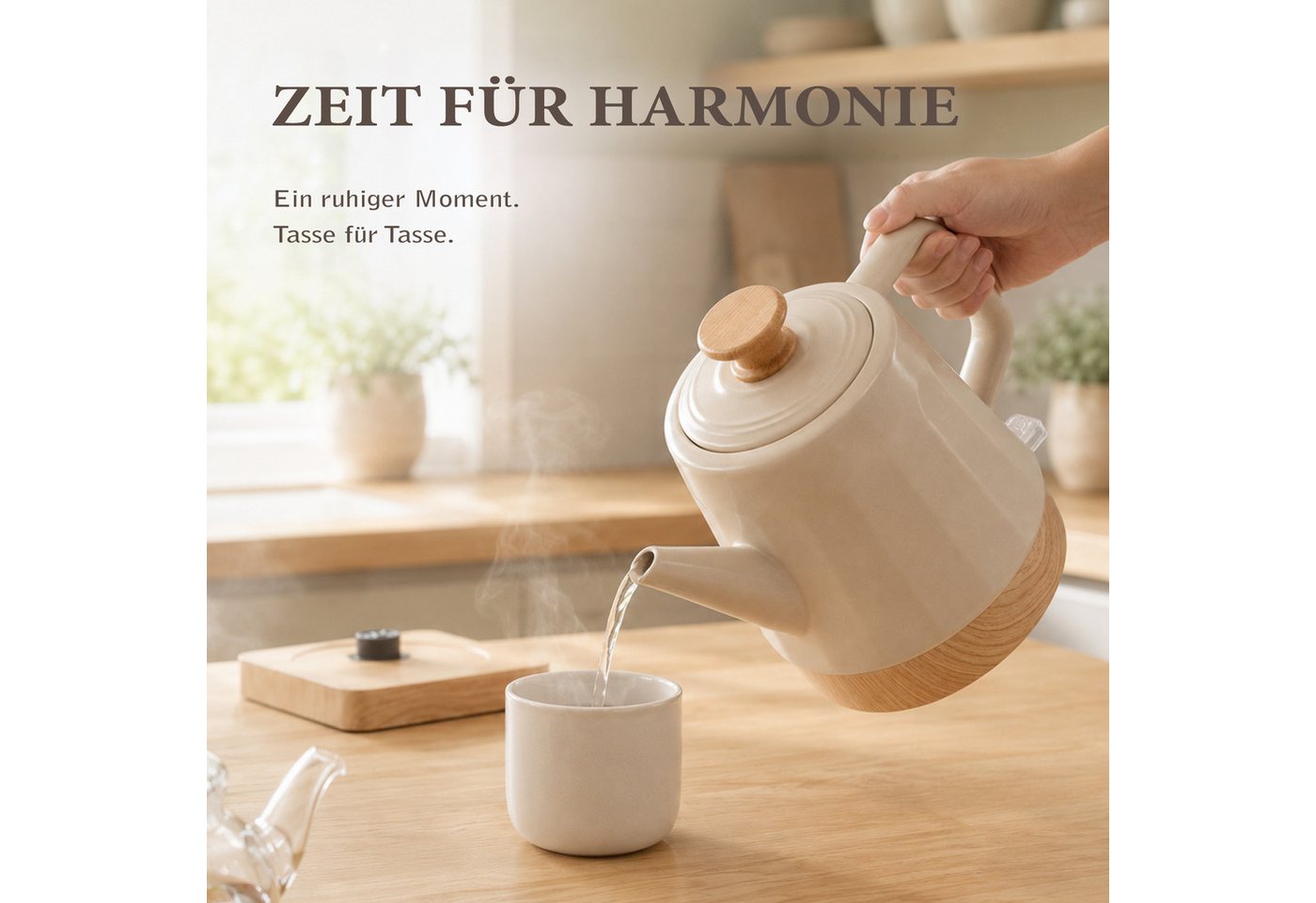 KVOTA Wasserkocher Harmonie, Keramik, 1,2 l, 1200 W, 360°-Basis, White Oak, Beige, 1.2 l, 1200 W, Keramikgehäuse, verdecktes Heizelement Bild 2