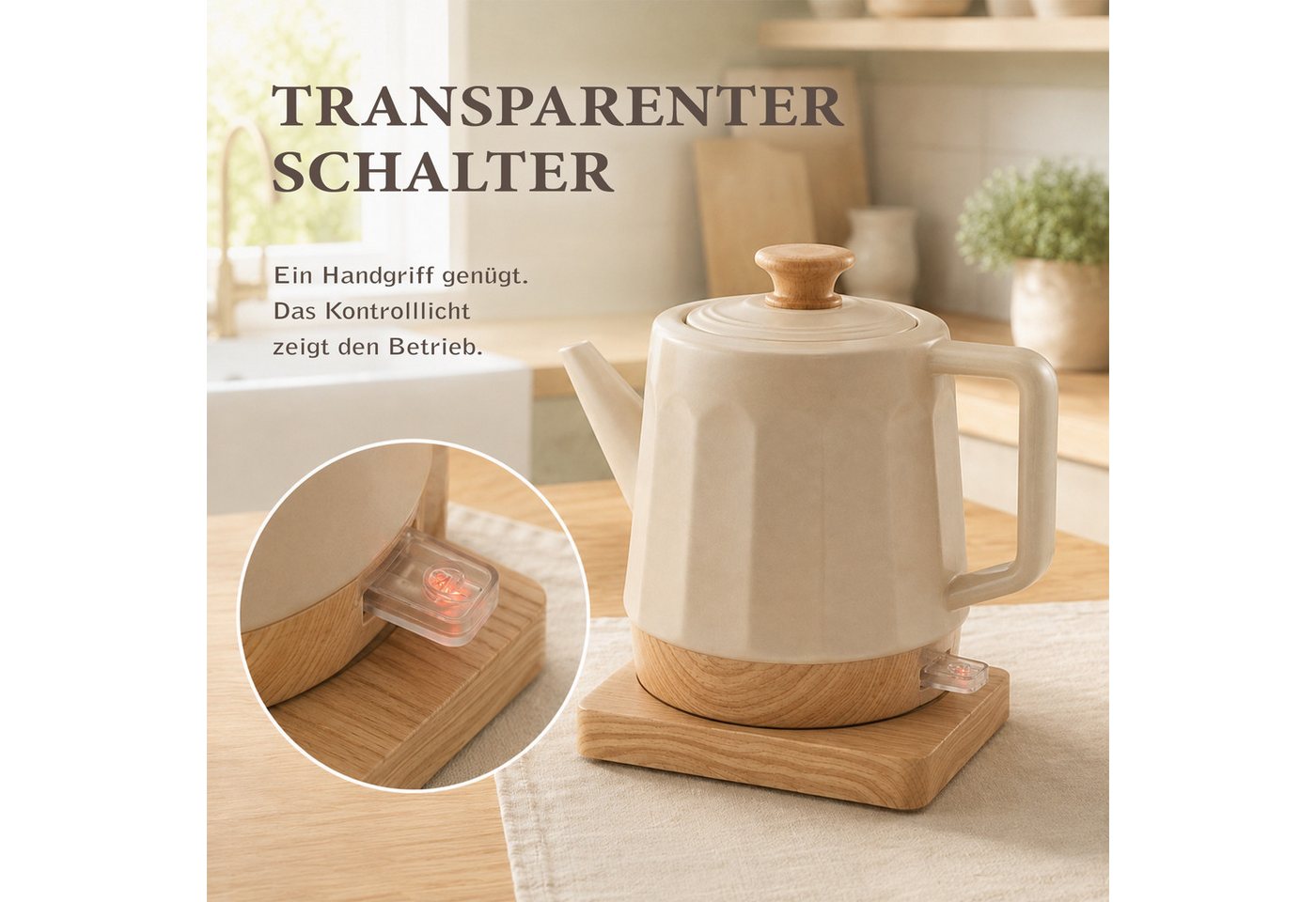 KVOTA Wasserkocher Harmonie, Keramik, 1,2 l, 1200 W, 360°-Basis, White Oak, Beige, 1.2 l, 1200 W, Keramikgehäuse, verdecktes Heizelement Bild 4