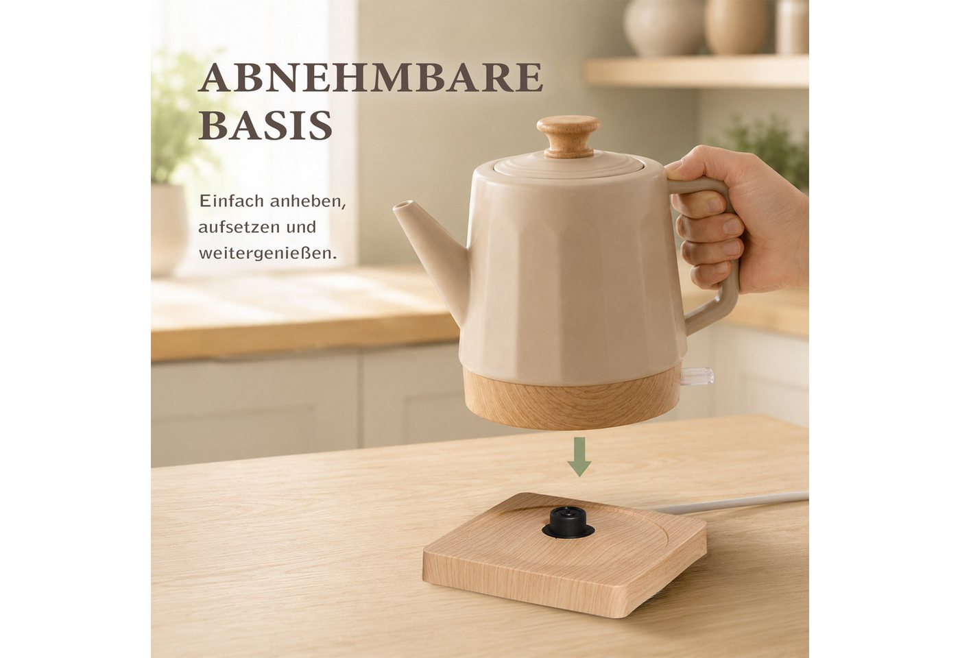KVOTA Wasserkocher Harmonie, Keramik, 1,2 l, 1200 W, 360°-Basis, White Oak, Beige, 1.2 l, 1200 W, Keramikgehäuse, verdecktes Heizelement Bild 5