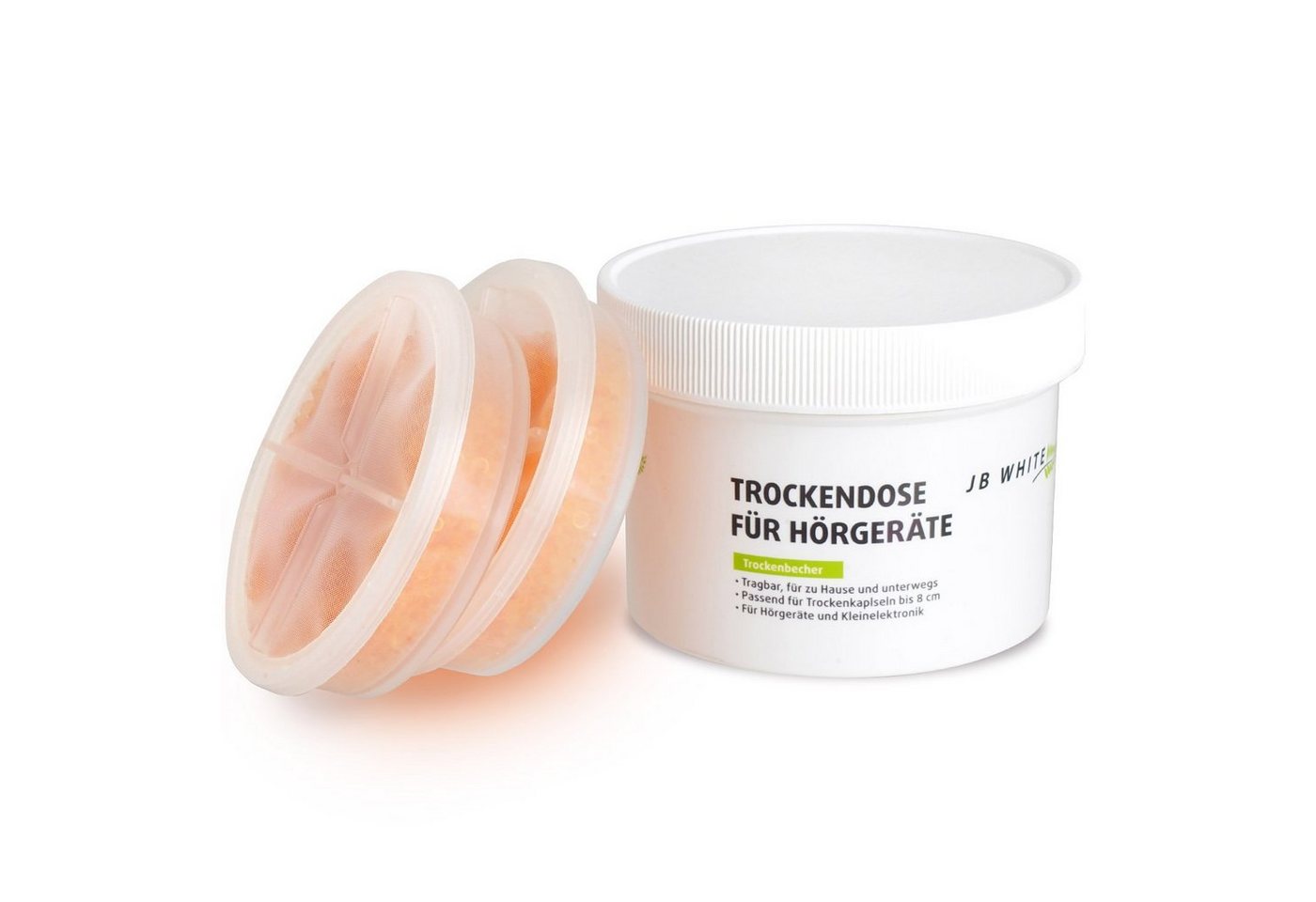 JB White Cerumenfilter Trockendose Starter SET für Hörgeräte - Dry Jar, Trockendose mit 2 Stück XXL (78mm / 40g) regenerierbaren Trockenkapsel Bild 3