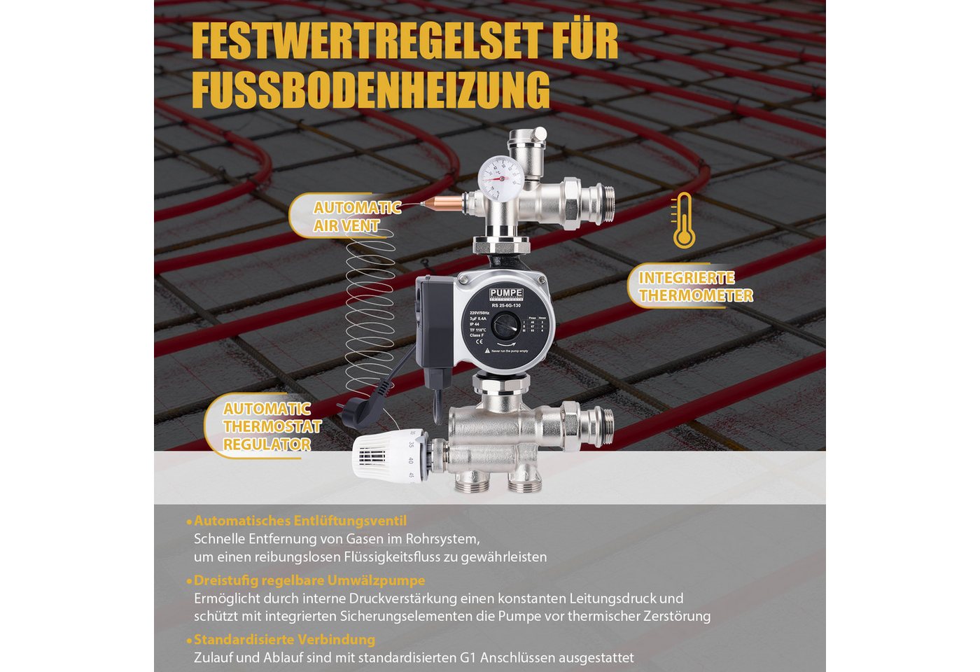 XERSEK Heizkreisverteiler Festwertregelset für Fußbodenheizung, Festwertregelung Wärmeverteiler (3-stufig Umwälzpumpe Max. Förderh. 6m & 93W, 20–60 °C, Ausz.210-235 mm), Heizkreis-Mischgruppe Mischventil Kompatibel mit Zentralheizungen