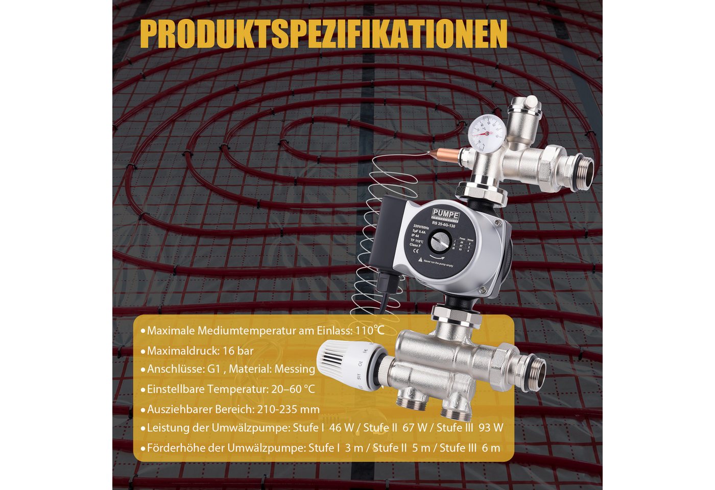XERSEK Heizkreisverteiler Festwertregelset für Fußbodenheizung, Festwertregelung Wärmeverteiler (3-stufig Umwälzpumpe Max. Förderh. 6m & 93W, 20–60 °C, Ausz.210-235 mm), Heizkreis-Mischgruppe Mischventil Kompatibel mit Zentralheizungen Bild 2