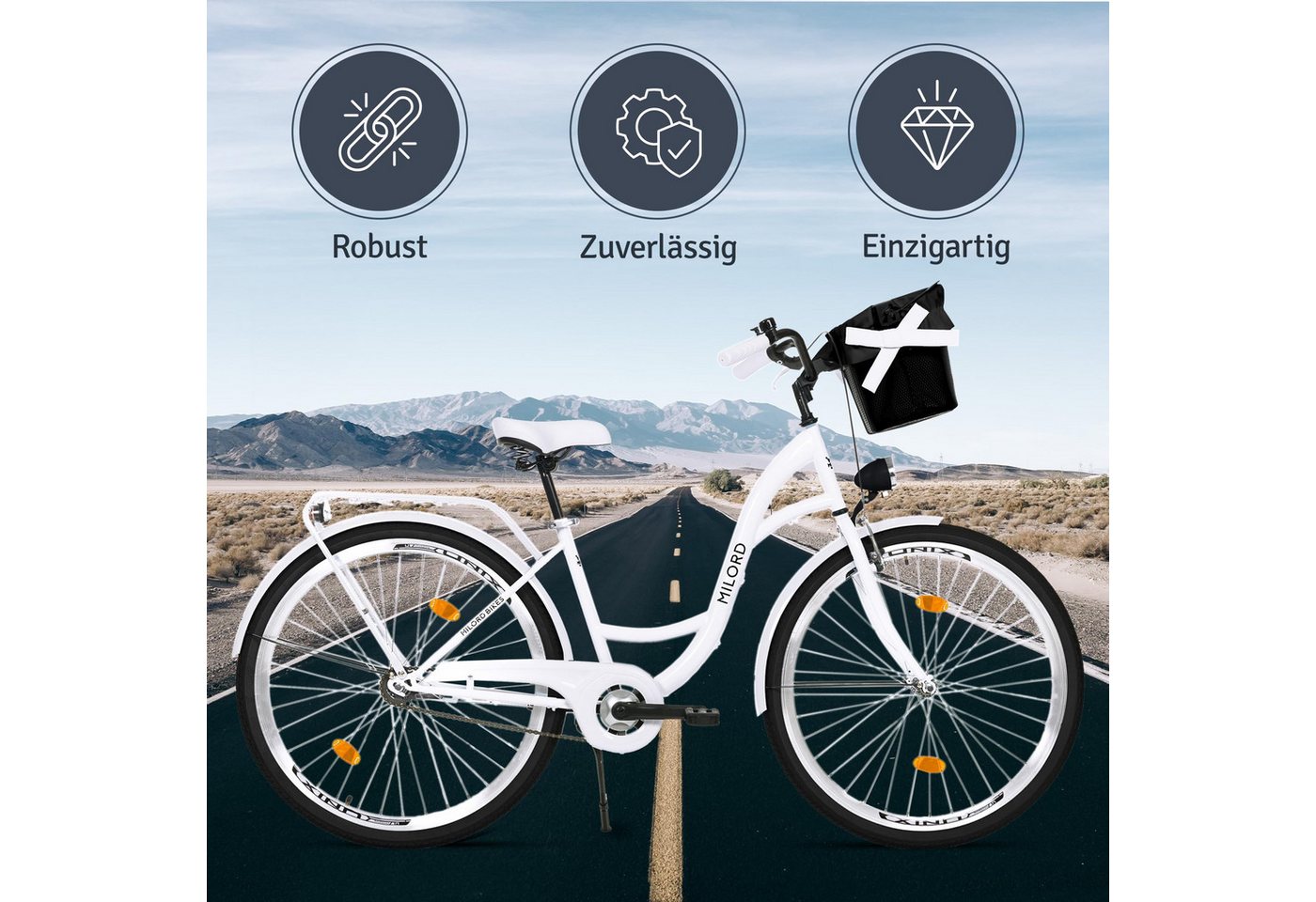 Milord Cityrad Milord City Fahrrad Korb Damenfahrrad, 28/26 Zoll, Weiß, 1-Gang, 1 Gang, (Fahrradständer, Gepäckträger, Klingel, Korb, Kotflügel)