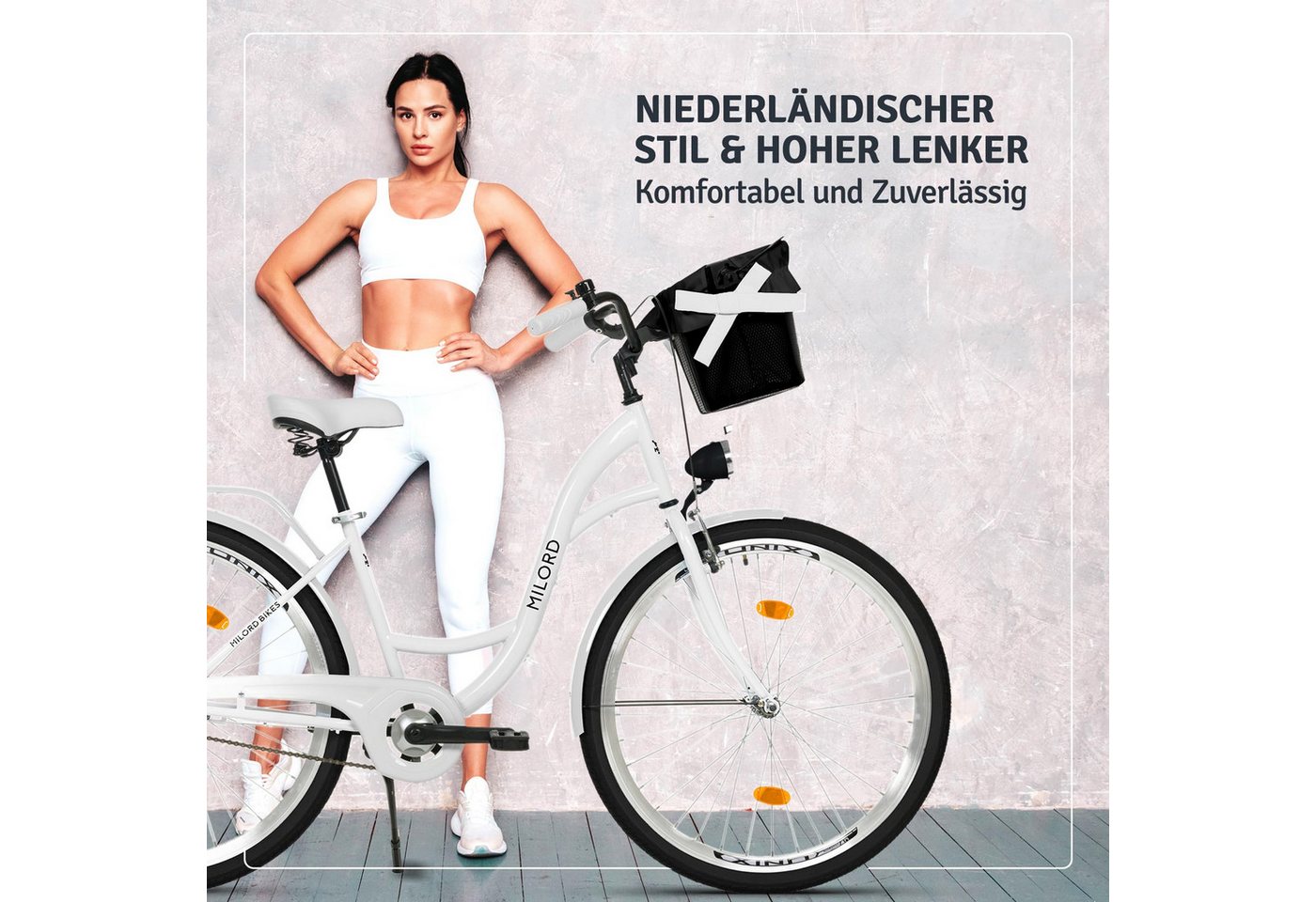Milord Cityrad Milord City Fahrrad Korb Damenfahrrad, 28/26 Zoll, Weiß, 1-Gang, 1 Gang, (Fahrradständer, Gepäckträger, Klingel, Korb, Kotflügel) Bild 2
