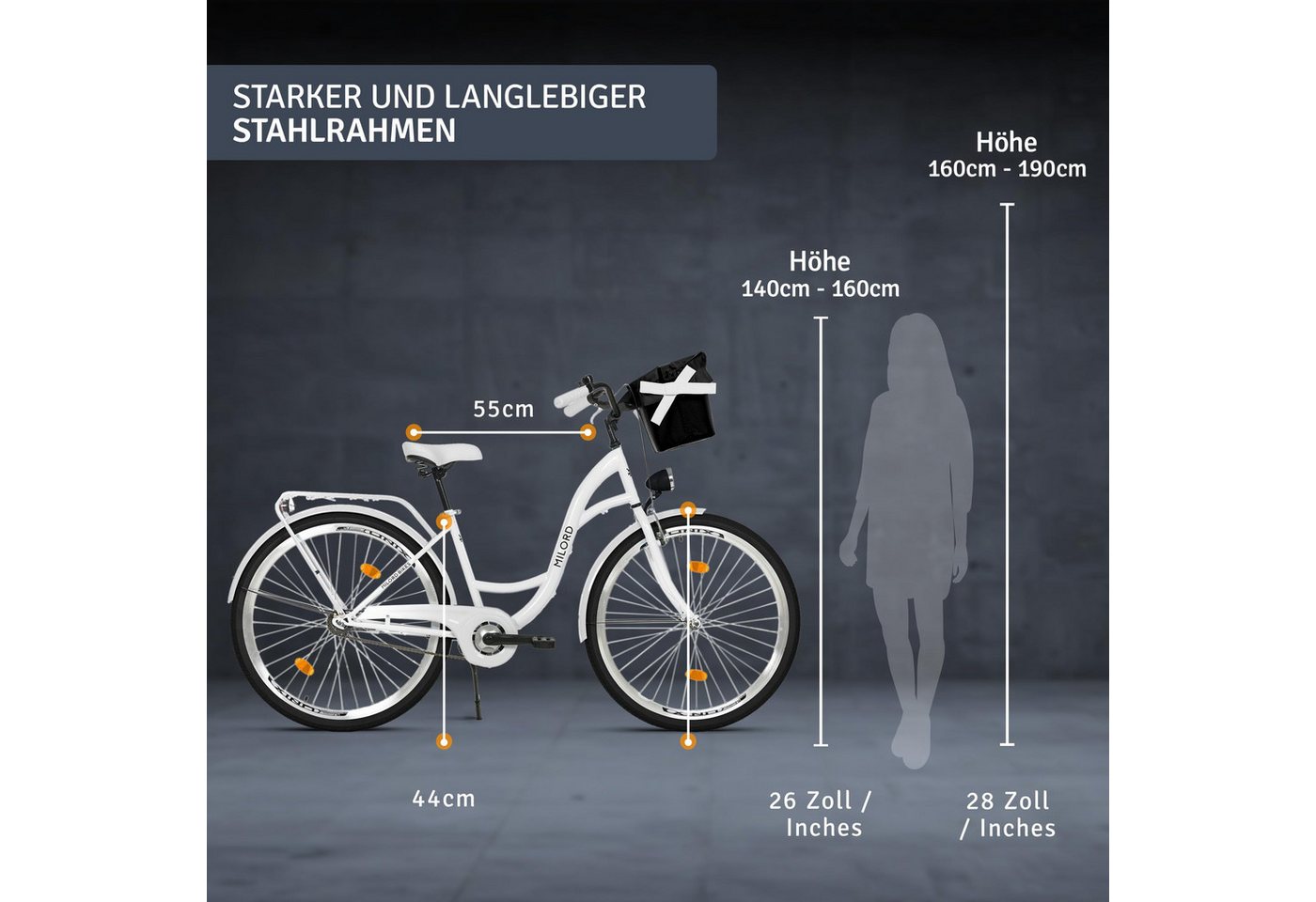 Milord Cityrad Milord City Fahrrad Korb Damenfahrrad, 28/26 Zoll, Weiß, 1-Gang, 1 Gang, (Fahrradständer, Gepäckträger, Klingel, Korb, Kotflügel) Bild 3