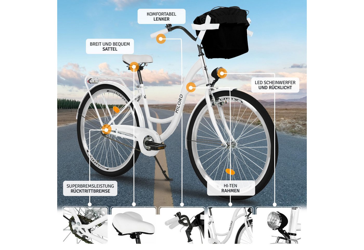 Milord Cityrad Milord City Fahrrad Korb Damenfahrrad, 28/26 Zoll, Weiß, 1-Gang, 1 Gang, (Fahrradständer, Gepäckträger, Klingel, Korb, Kotflügel) Bild 4