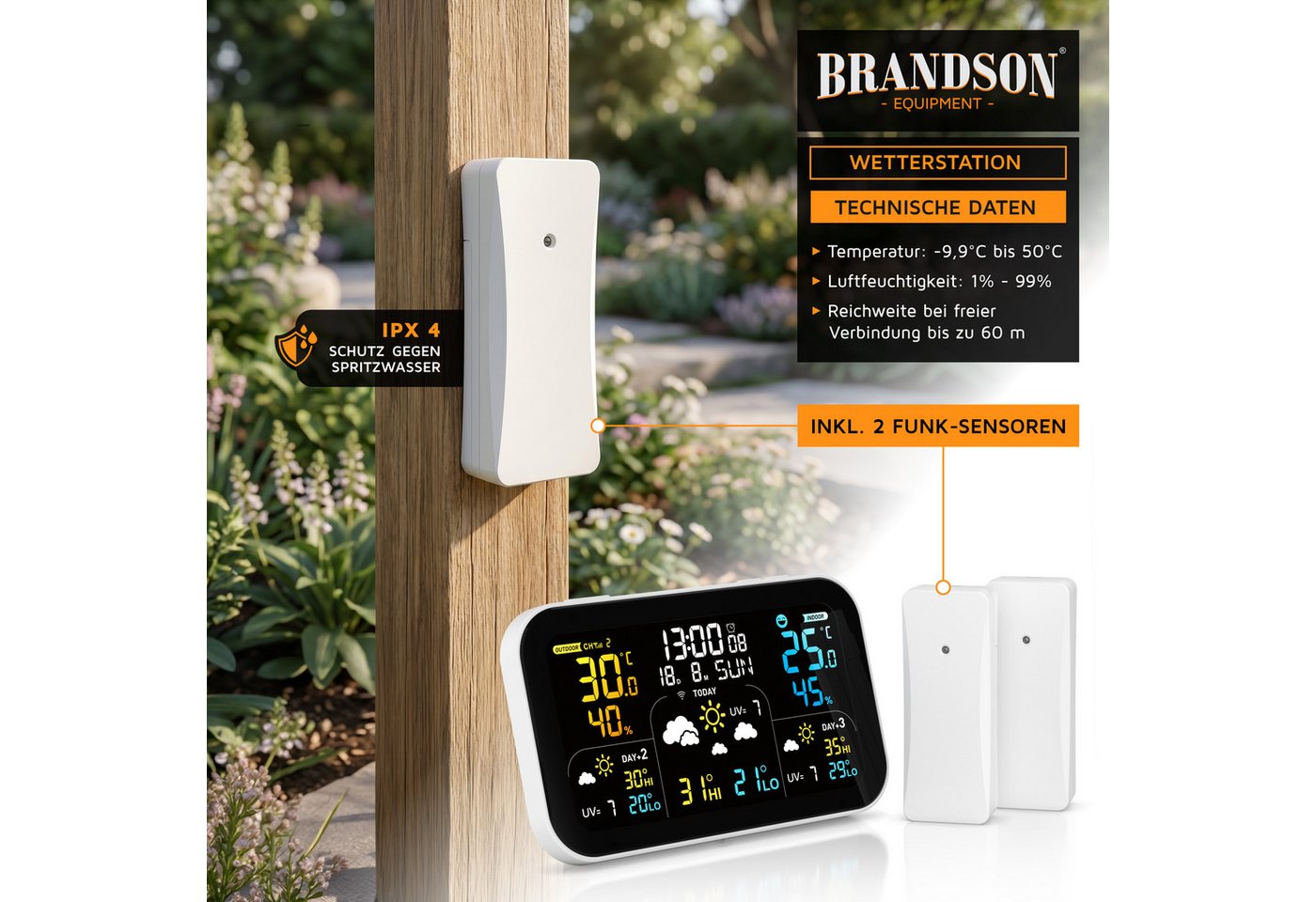 Brandson Funk Wetterstation mit Wlan & Farbdisplay, App & 2 Außensensoren Wetterstation (2x Außensensor,Netzteil,Bedienungsanleitung, Tuya & Smart Life, 3-Tage-Prognose, Raumklima-Anzeige, Wecker)