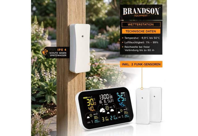 Brandson Funk Wetterstation mit Wlan & Farbdisplay, App & 2 Außensensoren Wetterstation (2x Außensensor,Netzteil,Bedienungsanleitung, Tuya & Smart Life, 3-Tage-Prognose, Raumklima-Anzeige, Wecker)