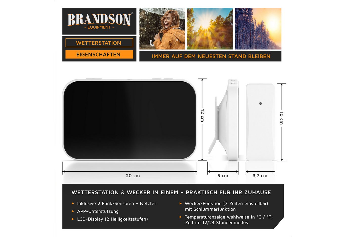Brandson Funk Wetterstation mit Wlan & Farbdisplay, App & 2 Außensensoren Wetterstation (2x Außensensor,Netzteil,Bedienungsanleitung, Tuya & Smart Life, 3-Tage-Prognose, Raumklima-Anzeige, Wecker) Bild 2