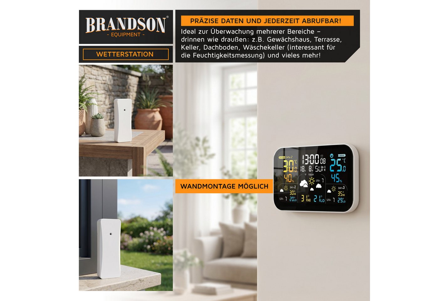 Brandson Funk Wetterstation mit Wlan & Farbdisplay, App & 2 Außensensoren Wetterstation (2x Außensensor,Netzteil,Bedienungsanleitung, Tuya & Smart Life, 3-Tage-Prognose, Raumklima-Anzeige, Wecker) Bild 4