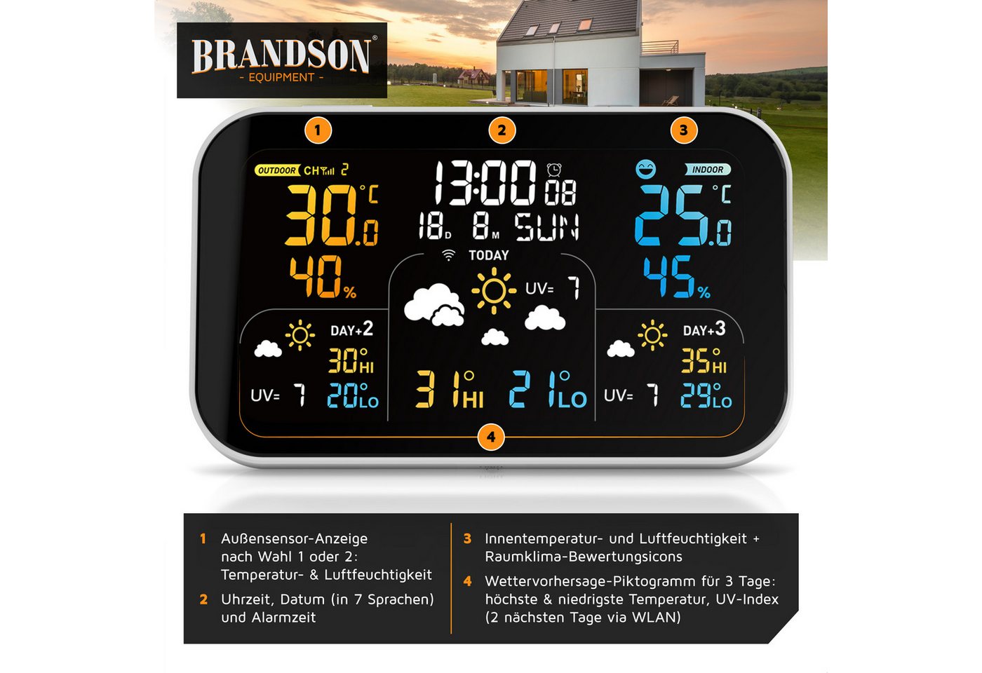 Brandson Funk Wetterstation mit Wlan & Farbdisplay, App & 2 Außensensoren Wetterstation (2x Außensensor,Netzteil,Bedienungsanleitung, Tuya & Smart Life, 3-Tage-Prognose, Raumklima-Anzeige, Wecker) Bild 5