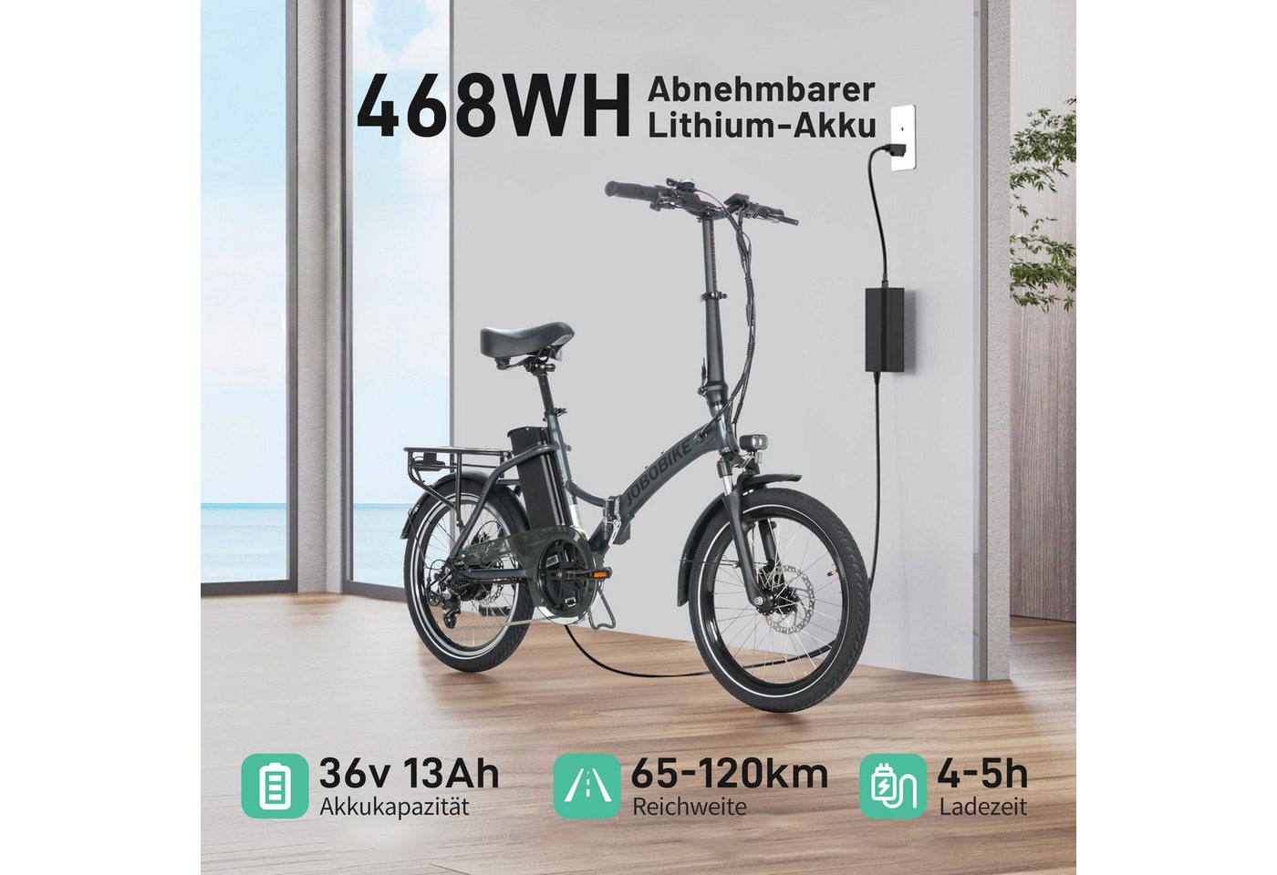 JOBOBIKE E-Bike Klapprad 20x2,125" Damen u. Herren, Citybike Sam, 468Wh, Pedelec, 60-110km, 7 Gang Shimano, Kettenschaltung, Heckmotor, 468 Wh, (mit Akku-Schlüssel, 5 Stufen), Faltbares Citybike - kompakt, stark & alltagstauglich