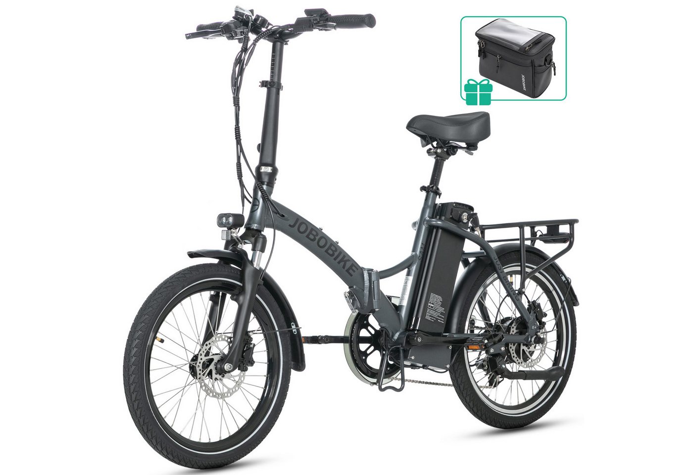 JOBOBIKE E-Bike Klapprad 20x2,125" Damen u. Herren, Citybike Sam, 468Wh, Pedelec, 60-110km, 7 Gang Shimano, Kettenschaltung, Heckmotor, 468 Wh, (mit Akku-Schlüssel, 5 Stufen), Faltbares Citybike - kompakt, stark & alltagstauglich Bild 2