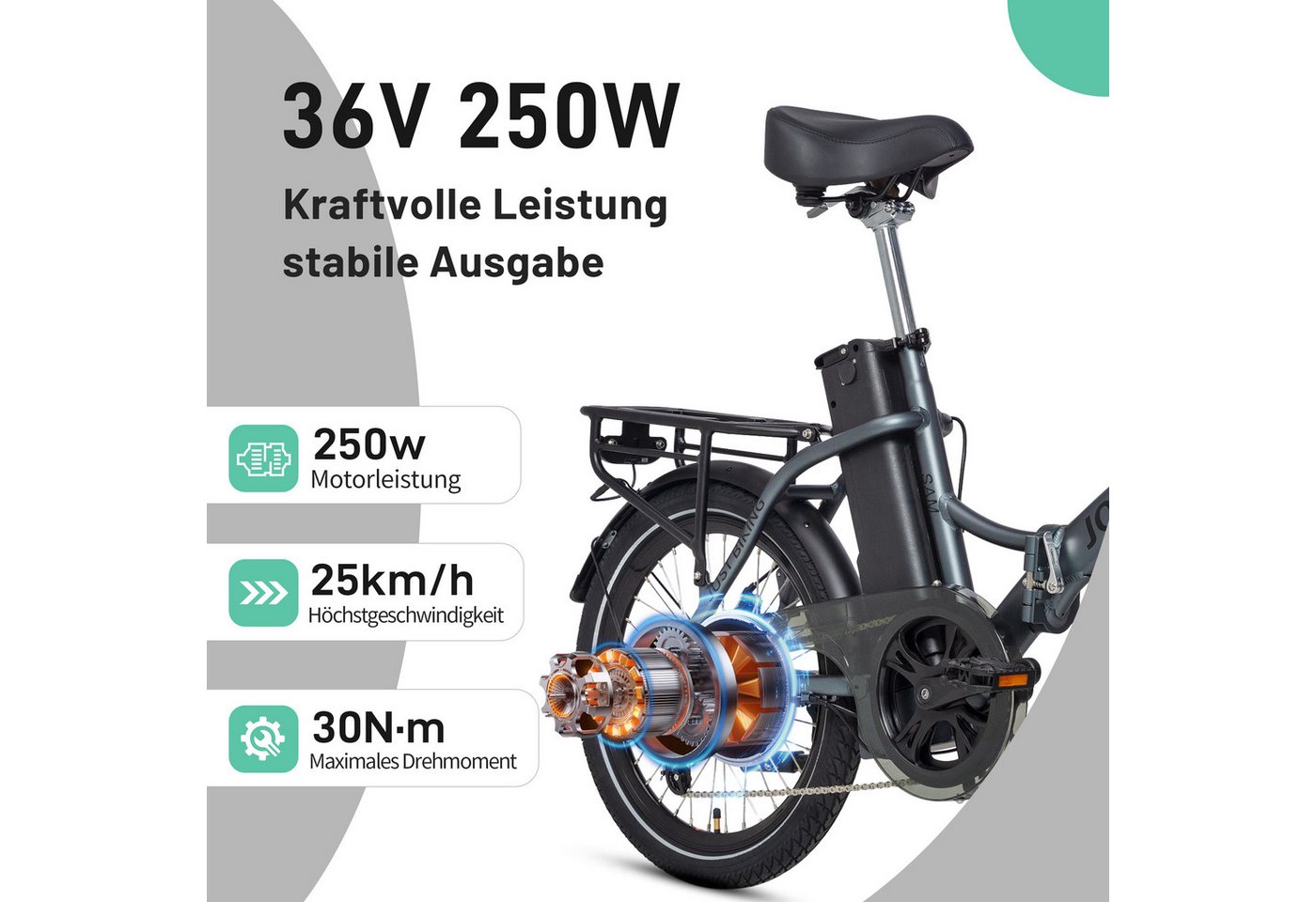 JOBOBIKE E-Bike Klapprad 20x2,125" Damen u. Herren, Citybike Sam, 468Wh, Pedelec, 60-110km, 7 Gang Shimano, Kettenschaltung, Heckmotor, 468 Wh, (mit Akku-Schlüssel, 5 Stufen), Faltbares Citybike - kompakt, stark & alltagstauglich Bild 4