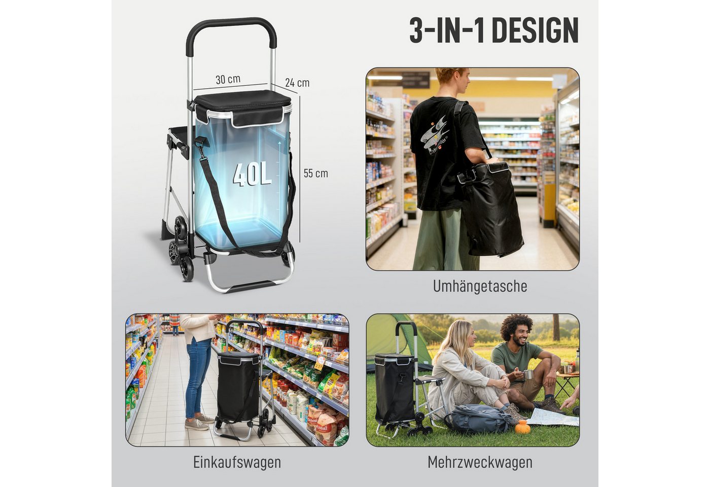 HOMCOM Einkaufstrolley 3-in-1 klappbar, klappbar Sitz, Einkaufswagen, 40 l, Sackkarre Umhängetasche Treppensteiger Schwarz