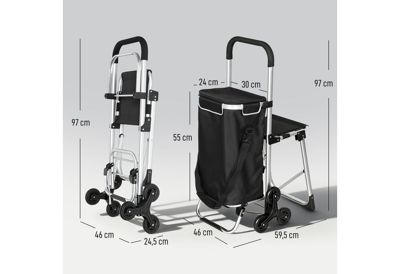 HOMCOM Einkaufstrolley 3-in-1 klappbar, klappbar Sitz, Einkaufswagen, 40 l, Sackkarre Umhängetasche Treppensteiger Schwarz Bild 2