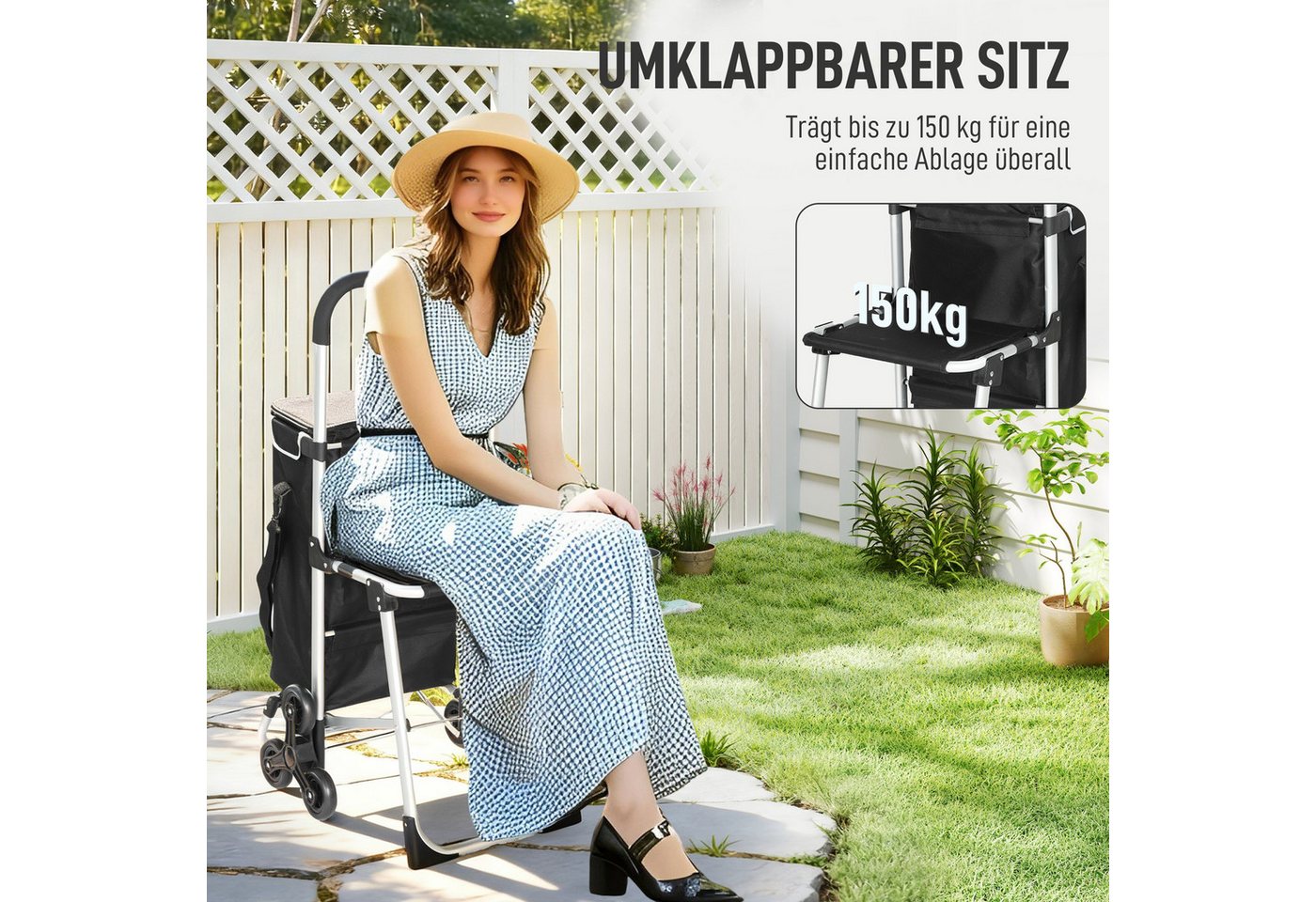 HOMCOM Einkaufstrolley 3-in-1 klappbar, klappbar Sitz, Einkaufswagen, 40 l, Sackkarre Umhängetasche Treppensteiger Schwarz Bild 3