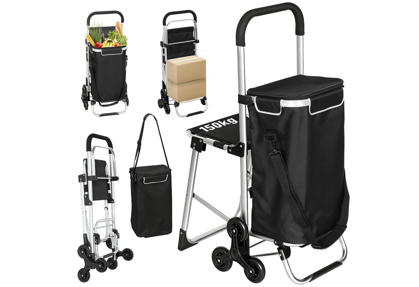 HOMCOM Einkaufstrolley 3-in-1 klappbar, klappbar Sitz, Einkaufswagen, 40 l, Sackkarre Umhängetasche Treppensteiger Schwarz Bild 5
