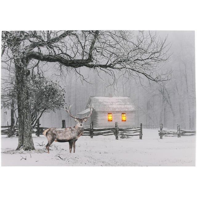 Led Bild beleuchtet - Hirsch / 40 x 30 cm - Wandbild Leuchtbild Winterlandschaft auf Leinwand