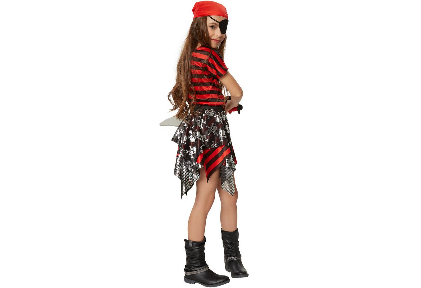 dressforfun Piraten-Kostüm Seeräuberin/Freibeuterin, in der Farbe schwarz/rot, Rotes Kopftuch, Gr. 140 (9-10 Jahre), Kurzärmeliges Oberteil in Schwarz und Rot Bild 2