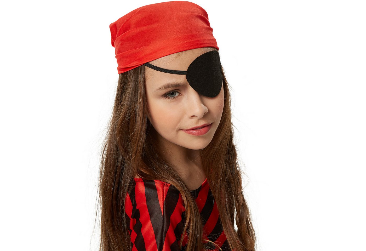 dressforfun Piraten-Kostüm Seeräuberin/Freibeuterin, in der Farbe schwarz/rot, Rotes Kopftuch, Gr. 140 (9-10 Jahre), Kurzärmeliges Oberteil in Schwarz und Rot Bild 4