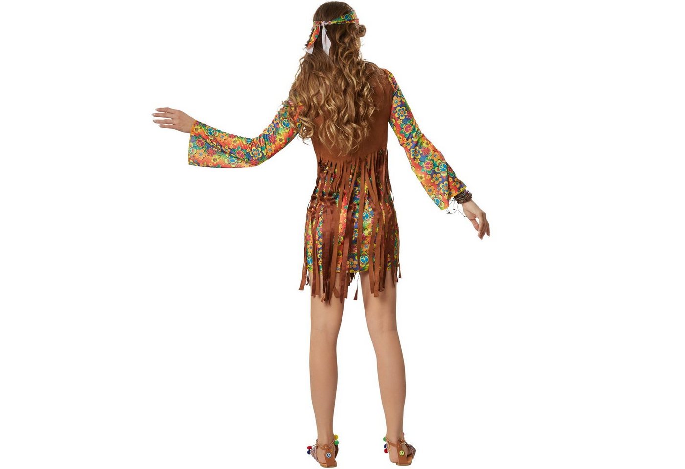 dressforfun Hippie-Kostüm Blumenkind/Friedensfreund, Gr. XL, Kurzes Kleid mit bunten Mustern, in bunt, Ärmellose Weste in Wildlederoptik mit langen Fransen Bild 5