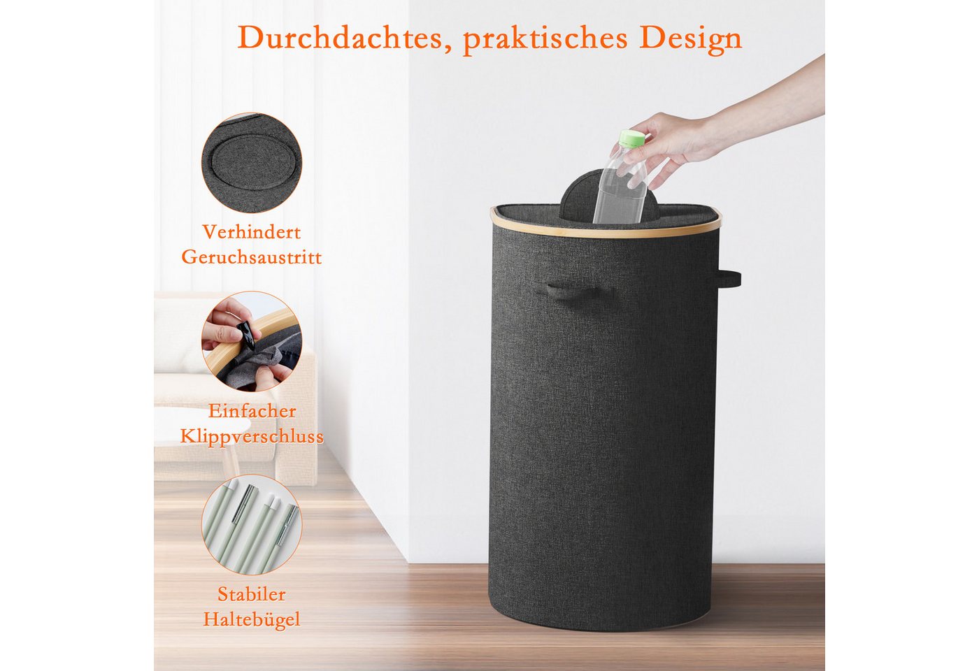 skelo Flaschenkorb Pfandflaschen Sammelbehälter mit Deckel 100L Flaschensammler, 100 l, 43x33x76 cm, Flaschensammler mit Loch Flaschen Organizer Pfandbehälter