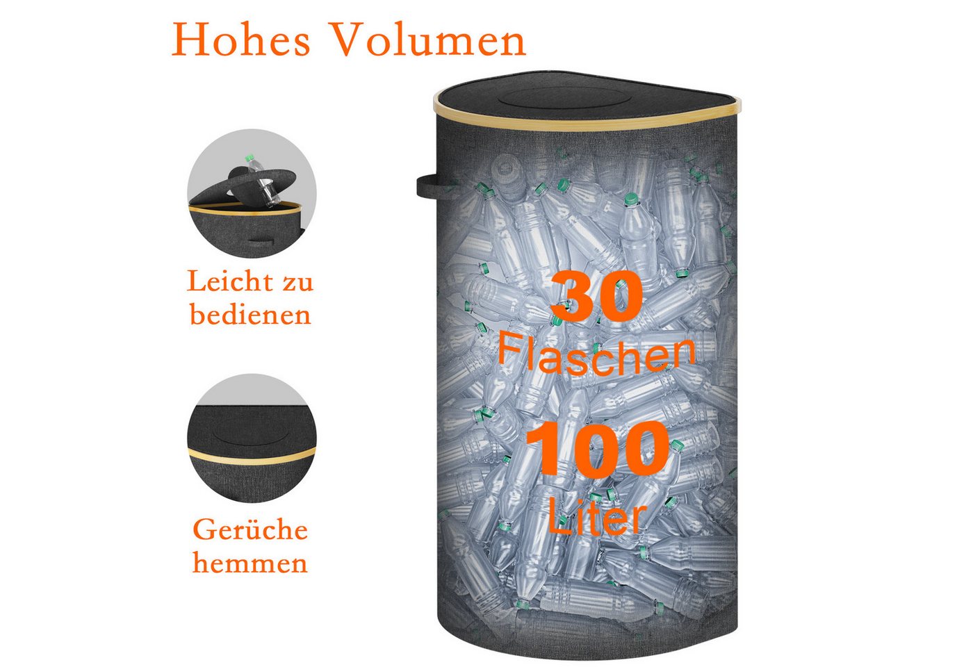skelo Flaschenkorb Pfandflaschen Sammelbehälter mit Deckel 100L Flaschensammler, 100 l, 43x33x76 cm, Flaschensammler mit Loch Flaschen Organizer Pfandbehälter Bild 2