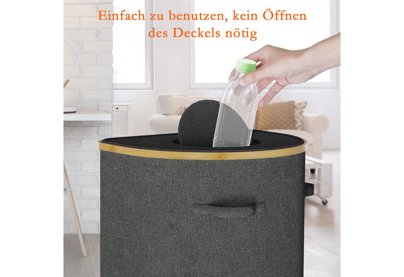 skelo Flaschenkorb Pfandflaschen Sammelbehälter mit Deckel 100L Flaschensammler, 100 l, 43x33x76 cm, Flaschensammler mit Loch Flaschen Organizer Pfandbehälter Bild 3