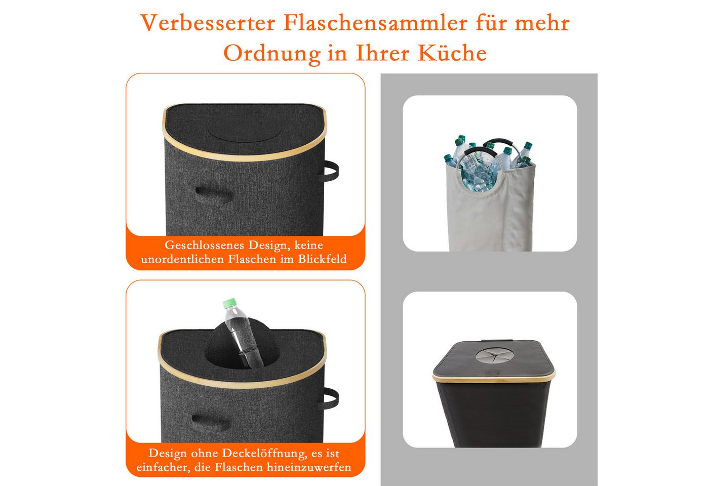skelo Flaschenkorb Pfandflaschen Sammelbehälter mit Deckel 100L Flaschensammler, 100 l, 43x33x76 cm, Flaschensammler mit Loch Flaschen Organizer Pfandbehälter Bild 4