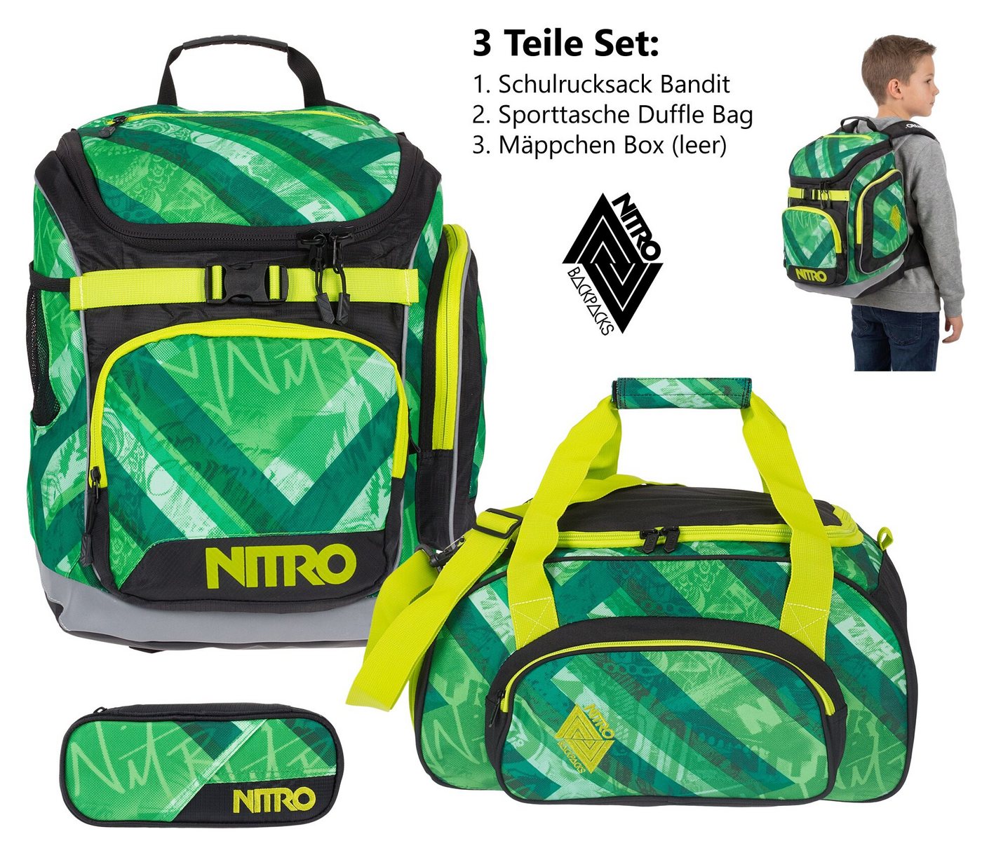 NITRO Schulrucksack Jungen Mädchen Rucksack Schulrucksackset (3 Teile Set, inkl. Sporttasche und Mäppchen Box), Schultasche Schulmappe Tasche Bild 2