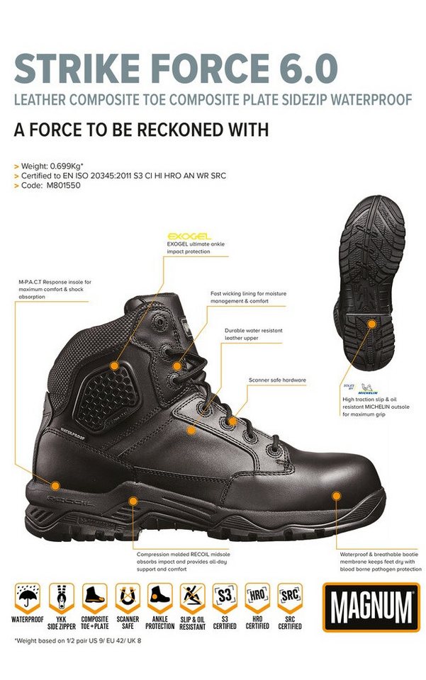 Magnum Arbeitsschuhe Strike Force 6.0 WP Leder (wasserdicht, Sidezip) Wanderschuh Bild 5