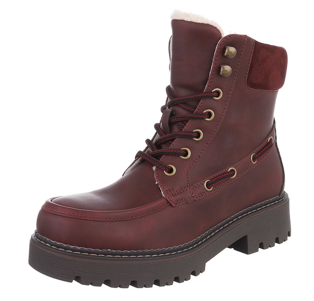 Ital-Design Damen Schnürstiefel mit Profilsohle und Reißverschluss Snowboots (92299789) Blockabsatz Plateaustiefeletten in Bordeaux Bild 3