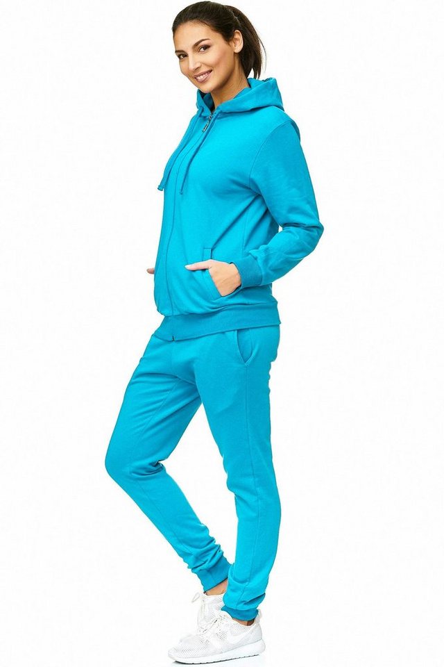 L.gonline Freizeitanzug Damen Jogginganzug einfarbig 100% Baumwolle 586 Türkis XXL (Kapuzenjacke mit Reißverschluss, Hose, 2-tlg), Fitness Freizeit Casual Bild 2