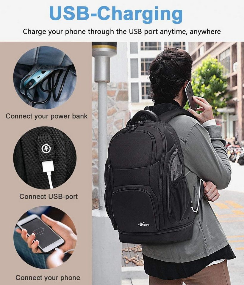 LA CUTE Rucksack Business Laptop-Rucksack 15,6–17,3 Zoll mit USB-Port & Schuhfach (Einzelstück, multifunktionaler Rucksack für Laptop & Reisen, 1x Laptop-Rucksack mit USB-Port in Schwarz/Grau, ca. 26L Volumen), Laptopfach, USB-Port, Schuhfach, wasserabweisend, Fluggepäckgröße