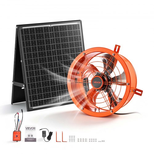 VEVOR Giebellüfter 30,5cm Dachbodenlüfter Solarbetrieben 1529,1m³/h Orange, 3-in-1 Belüftung Kühlung & Entfeuchtung für Dachboden Gewächshaus & Lager, Stahlgehäuse, mit Thermostat & 35W Solarpannel