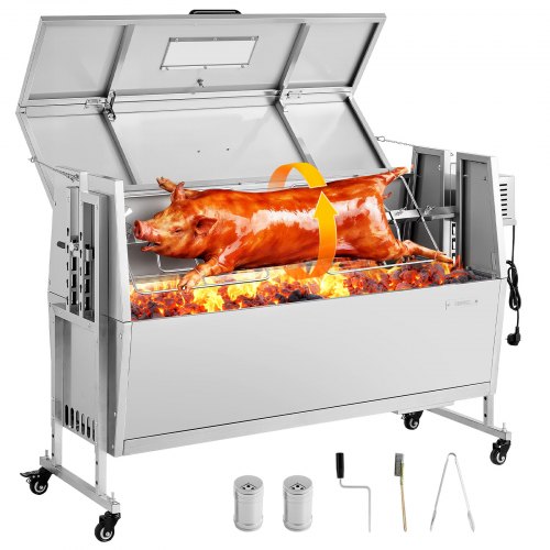 VEVOR Lammgrill 38 W 60 kg 1168,4 mm Drehspieß Spanferkelgrill Edelstahl für Garten und Terrasse, 4 Höhenstufen, Feststellbare Räder, mit Grillzange Faltbarem Deckelschutz Bürsten und Gewürzbehälter