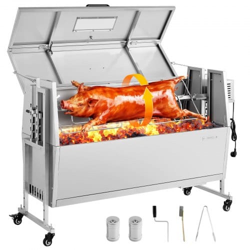 VEVOR Lammgrill 38 W 60 kg 1168,4 mm Drehspieß Spanferkelgrill Edelstahl für Garten und Terrasse, 4 Höhenstufen, Feststellbare Räder, mit Grillzange Faltbarem Deckelschutz Bürsten und Gewürzbehälter