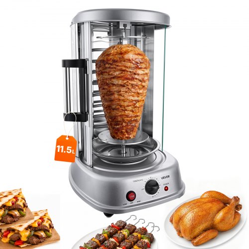 VEVOR Vertikaler Dönergrill 11,5 L 1500 W Gyrosgrill Kebab Shawarma Silber für Kleine Haushalte, 190 °C Maximaltemperatur, Timer 0–60 Minuten, Sicherheitsglastür, Tropfschale, Drehgabeln und Spieße