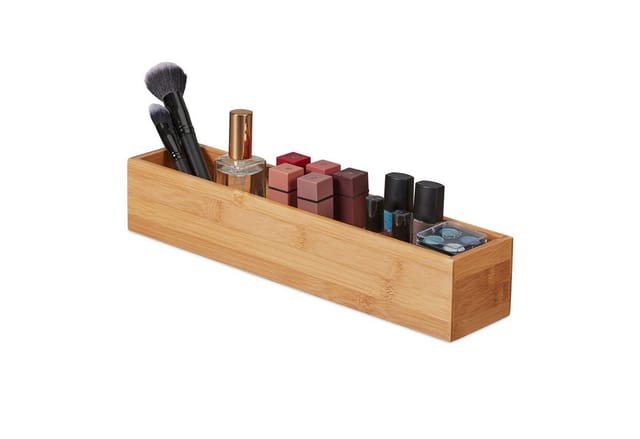 2 x Bambus Box, Aufbewahrung Bad, Küche & Schreibtisch, länglich & schmal, Ordnungsbox, HxBxT: 7 x 38 x 8 cm, natur