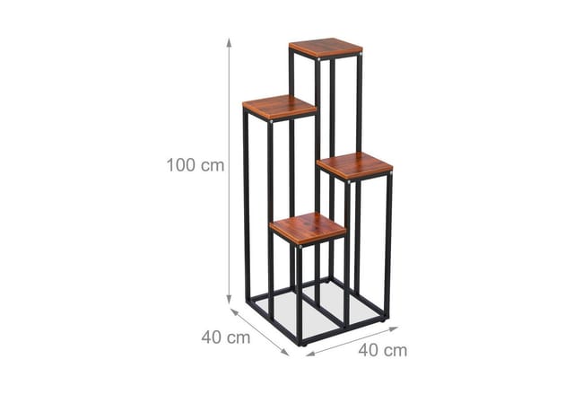 Relaxdays - Blumentreppe, 4 Ablagen, hbt: 100 x 40 x 40 cm, platzsparend, Stahl, mdf, Design Blumenetagere, schwarz/braun