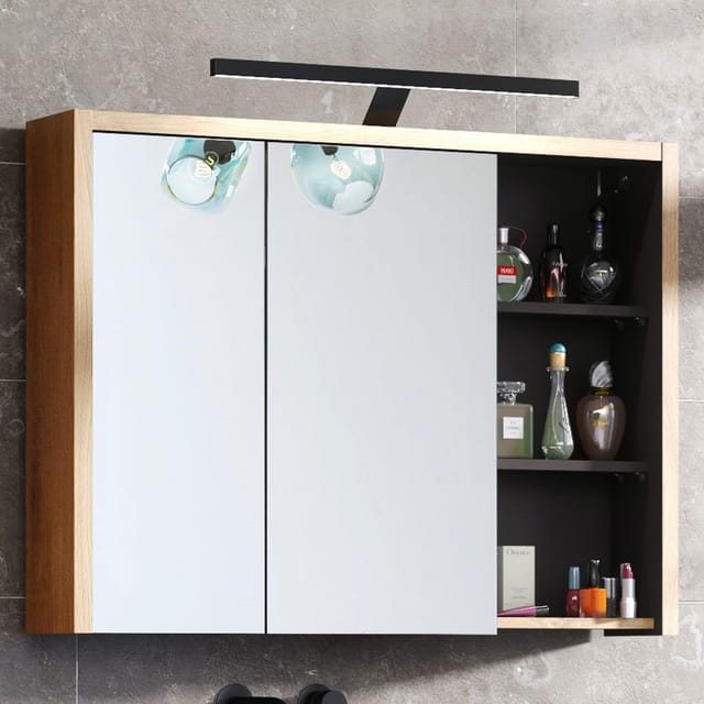 Lomadox - Spiegelschrank mit LED-Beleuchtung 100 cm DANZIG-56 Shetland Eiche Nb. mit Graphitgrau, b/h/t: ca. 100/75-80/18 cm