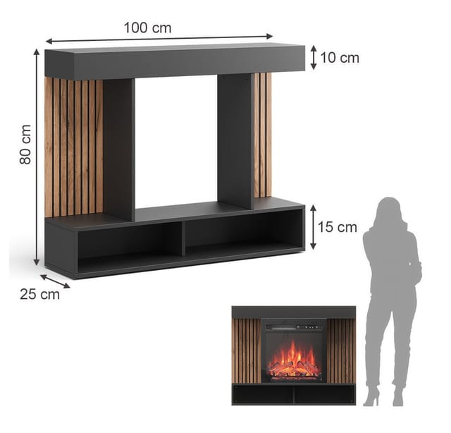 Elektrokamin Lynea, Schwarz, 100 cm mit realistischem Flammeneffekt und Heizung 1800W, Vicco