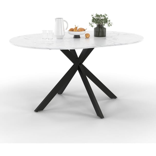 Ausziehbarer runder Esstisch ALIX 4-8 Personen Spinnenbein Metall schwarz Tischplatte Marmoreffekt ALASKA 110-150 cm