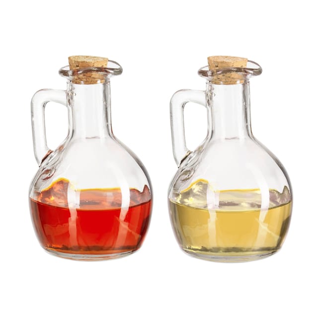 4 x Öl- & Essigkanne, Glasflaschen mit Korken, runde Ölfläschchen für Öl & Essig, Essigspender je 180 ml, transparent
