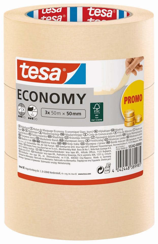 Malerband economy - Vielseitiges Klebeband für Malerarbeiten ohne Lösungsmittel - Bis zu 4 Tage nach Gebrauch rückstandslos entfernbar, 3x 50 m x 50