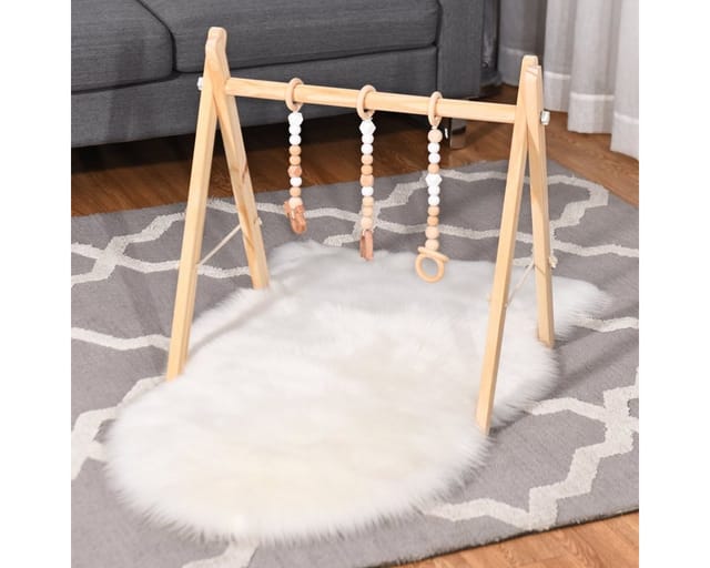 Costway - Baby Spielbogen Holz, Spieltrapez Klappbar, Baby Gym Mit 3 Abnehmbaren Kinderspielzeugen, Spieltrapez Für Babys Über 3 Monate, Holzspielzeug Zur Gehirnentwicklung Natur