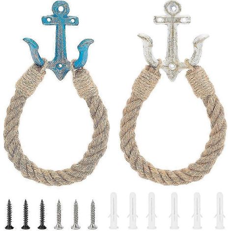 Set Mit 2 Toilettenpapierhaltern Im Maritimen Stil, Inklusive Wandhandtuchhalter Und Seilhalterung Für Badezimmer – Weiß Und Blau